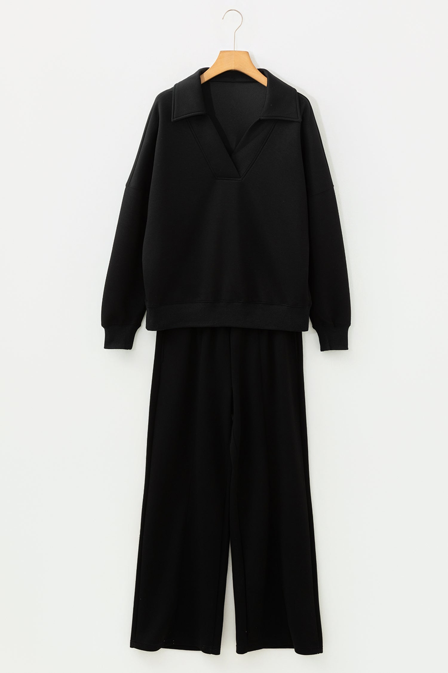 Bristol Black Collared V Neck Pullover Sweatshirt Sweatpants Set-Two Piece Sets/Pant Sets-[Adult]-[Female]-2022 Online Blue Zone Planet