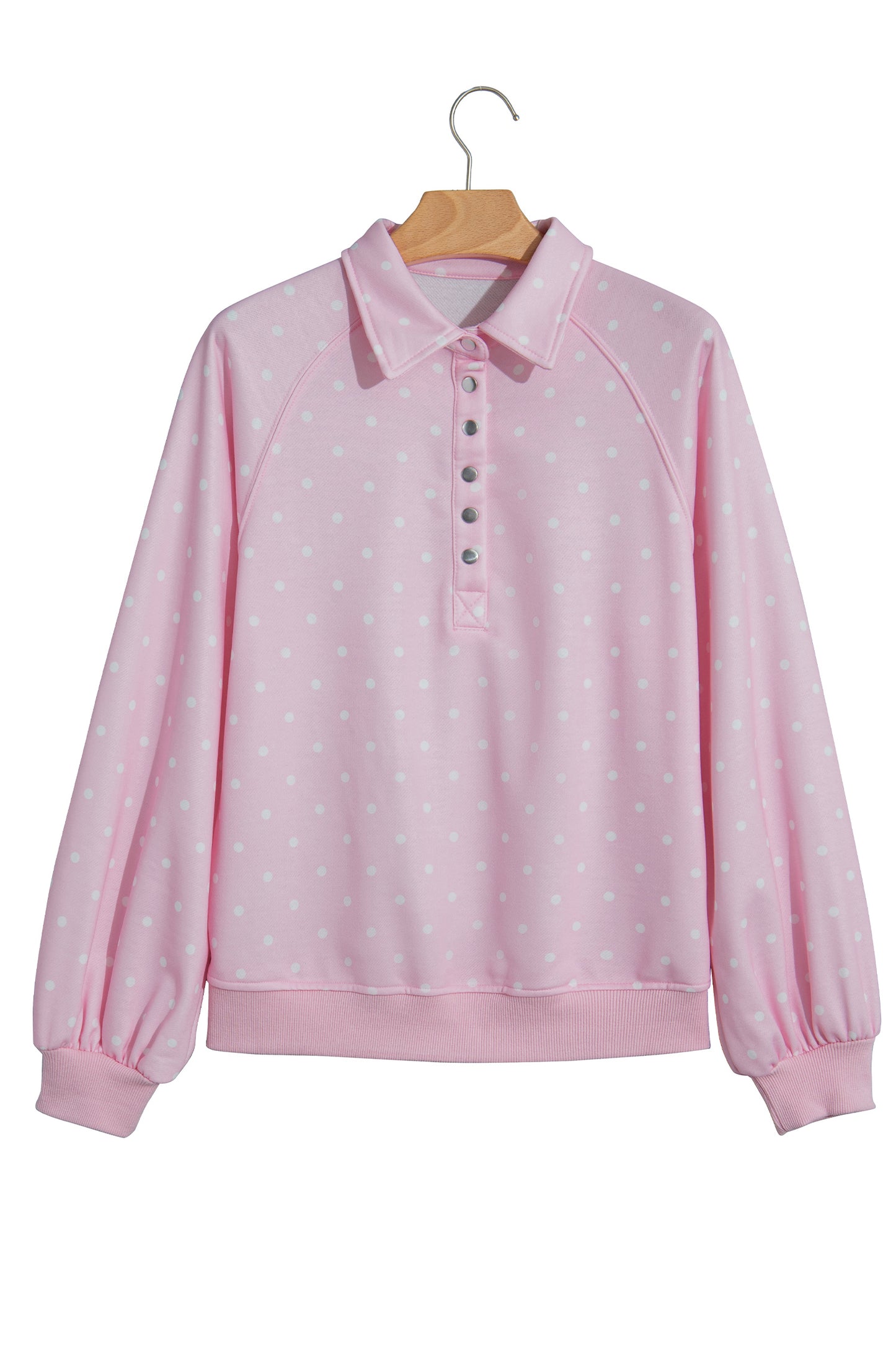 Pink Polka Dot Print Metal Button Collar Casual Pullover Sweatshirt-Tops/Sweatshirts & Hoodies-[Adult]-[Female]-2022 Online Blue Zone Planet