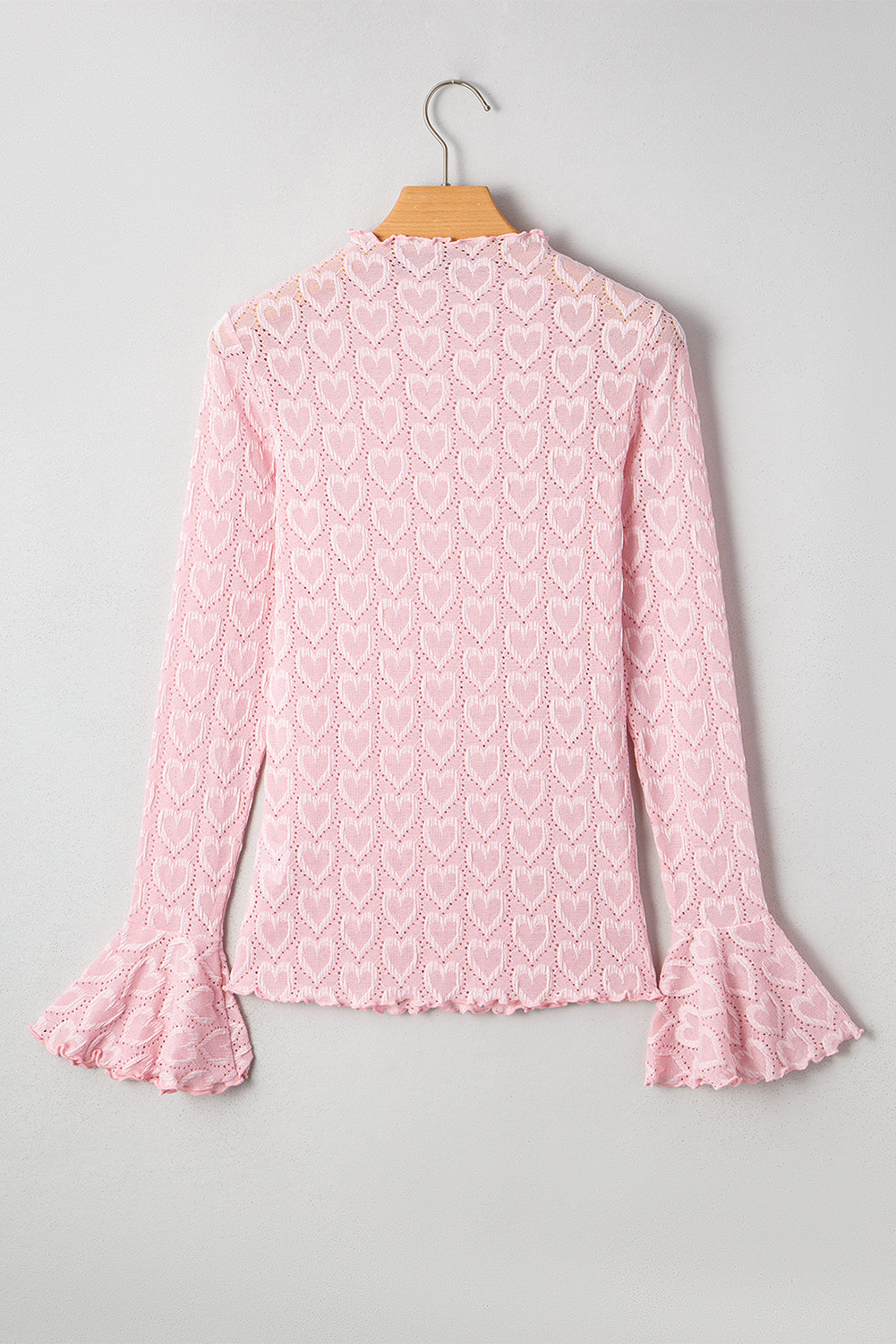 Gossamer Pink Heart Jacquard Flare Sleeve Mock Neck Fitted Top-Tops/Long Sleeve Tops-[Adult]-[Female]-2022 Online Blue Zone Planet