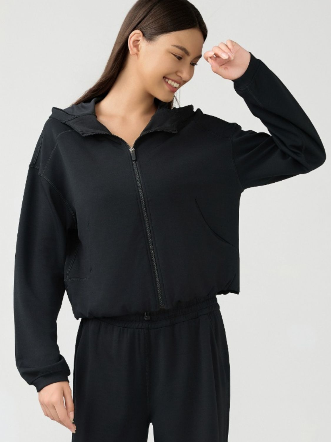 Zip Up Dropped Shouder Active Hooded-TOPS / DRESSES-[Adult]-[Female]-Black-4-2022 Online Blue Zone Planet