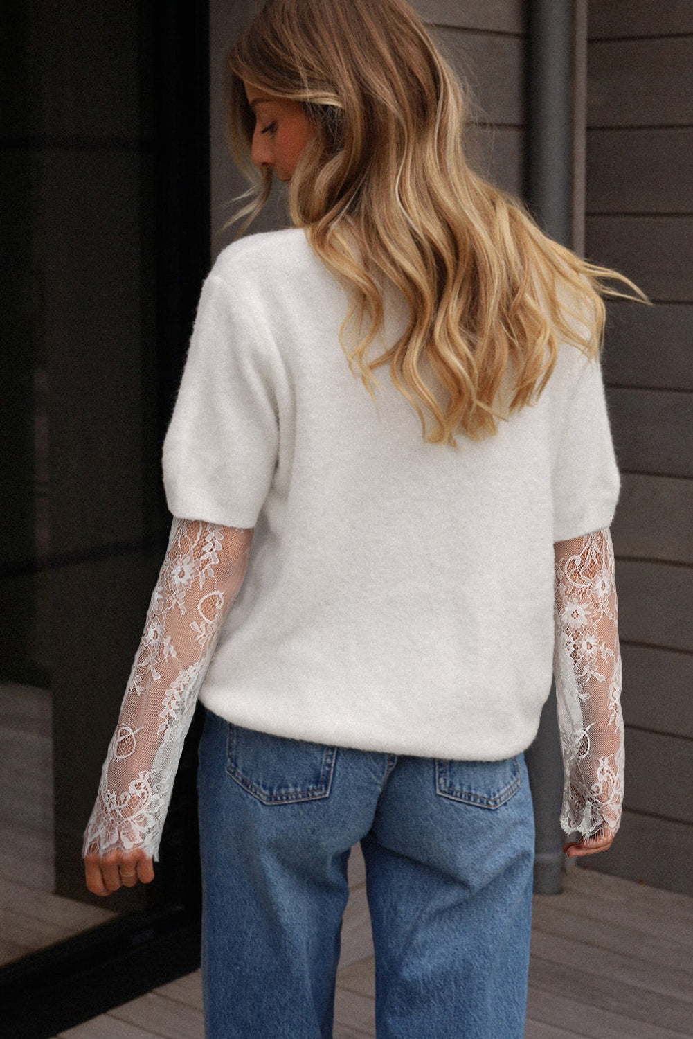 Beige Lace Sleeve Patchwork Faux Two-piece Fuzzy Sweater-TOPS / DRESSES-[Adult]-[Female]-2022 Online Blue Zone Planet