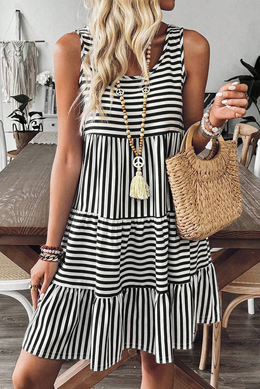 Black Stripe U Neck Sleeveless Loose Fit Mini Dress-Short Dresses-[Adult]-[Female]-Black Stripe-L-2022 Online Blue Zone Planet