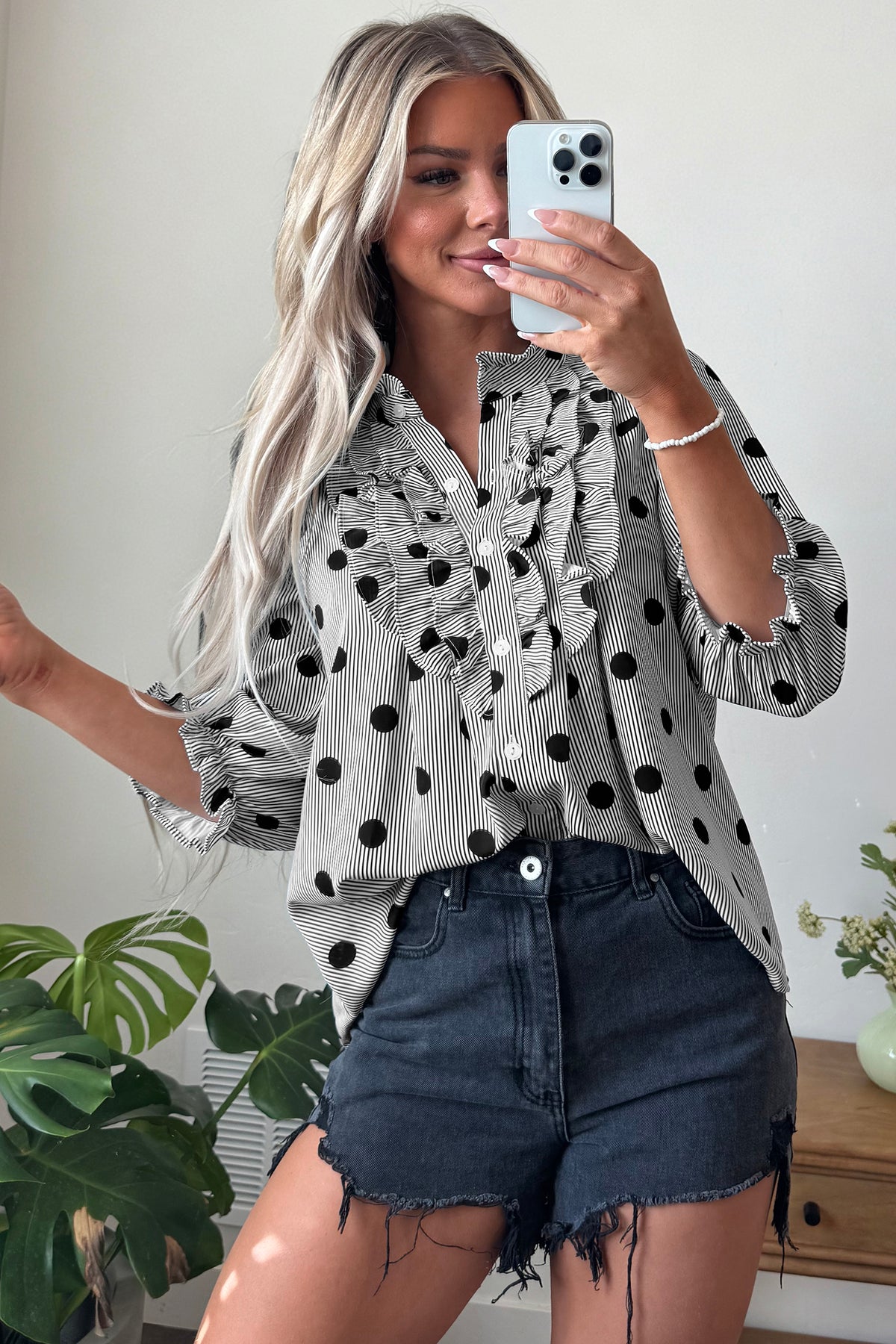 Black white Polka Dot Striped Print Ruffle Stand Neck 3/4 Sleeve Shift Shirt-Tops/Blouses & Shirts-[Adult]-[Female]-2022 Online Blue Zone Planet
