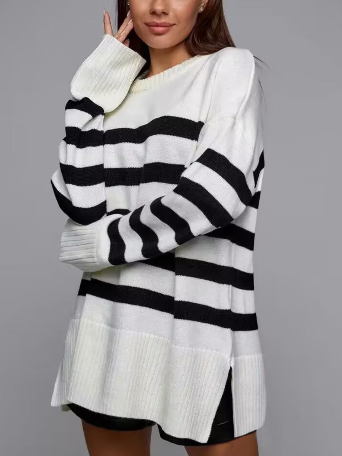 Slit Striped Round Neck Sweater-TOPS / DRESSES-[Adult]-[Female]-Ivory-S-2022 Online Blue Zone Planet