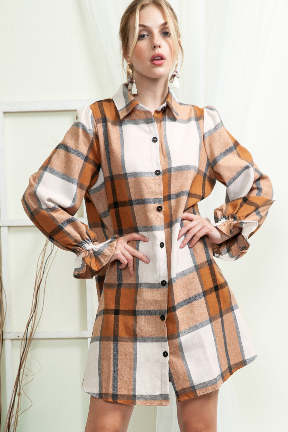 Khaki Plaid Pattern Collared Neck Ruffled Sleeve Shirt Dress-Short Dresses-[Adult]-[Female]-Khaki-S-2022 Online Blue Zone Planet