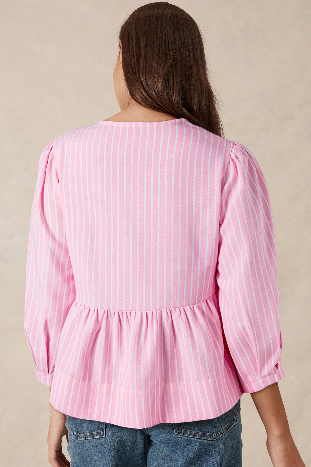 Pink Stripe Bowknot Front Crew Neck Puff Sleeve Blouse-Tops/Blouses & Shirts-[Adult]-[Female]-2022 Online Blue Zone Planet