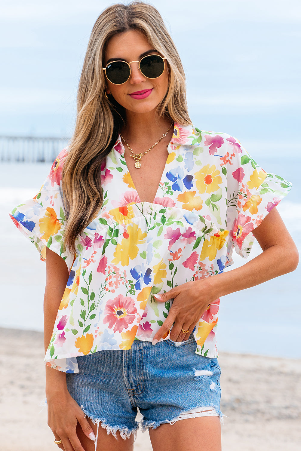Yellow Floral Boxy Fit Ruffled Short Sleeve V Neck Blouse-Tops/Blouses & Shirts-[Adult]-[Female]-2022 Online Blue Zone Planet
