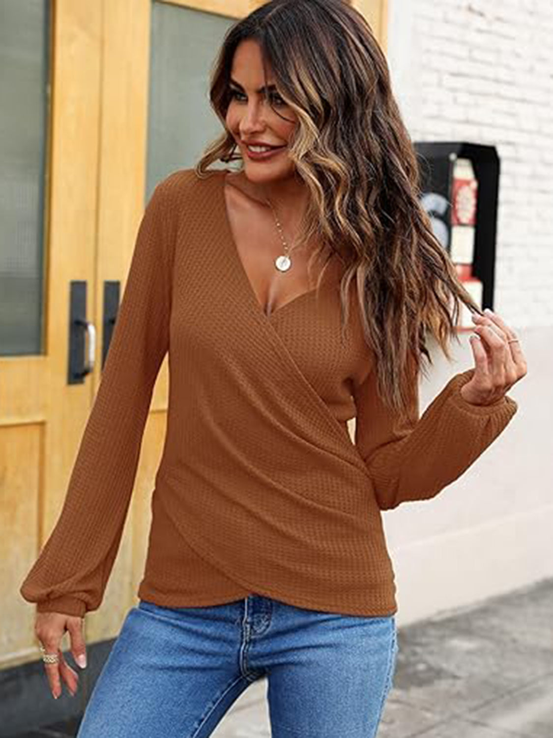 Waffle Knit Surplice Long Sleeve T-Shirt-TOPS / DRESSES-[Adult]-[Female]-Caramel-S-2022 Online Blue Zone Planet