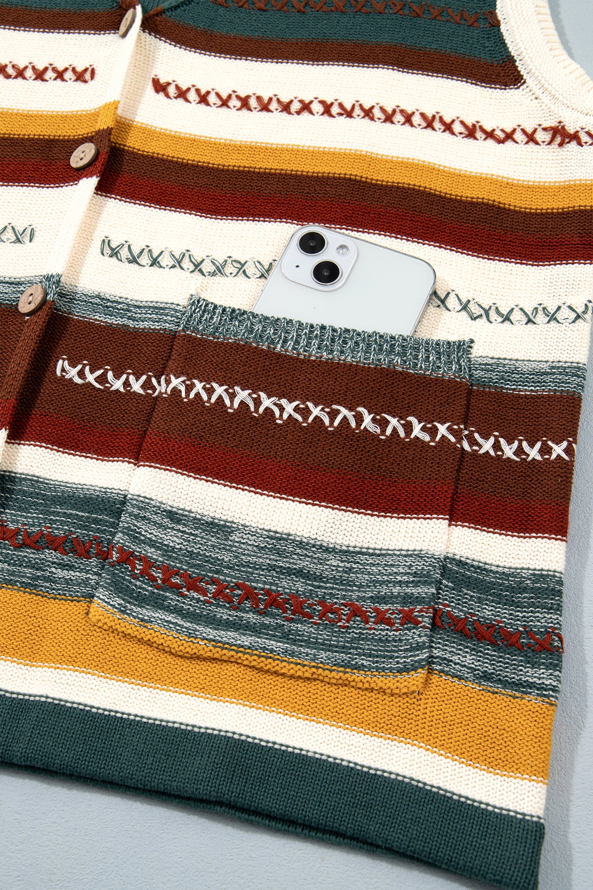 Multicolour Striped Button Front Sleeveless Knit Regular Fit Sweater Vest-Sweaters & Cardigans/Sweater Vests-[Adult]-[Female]-2022 Online Blue Zone Planet