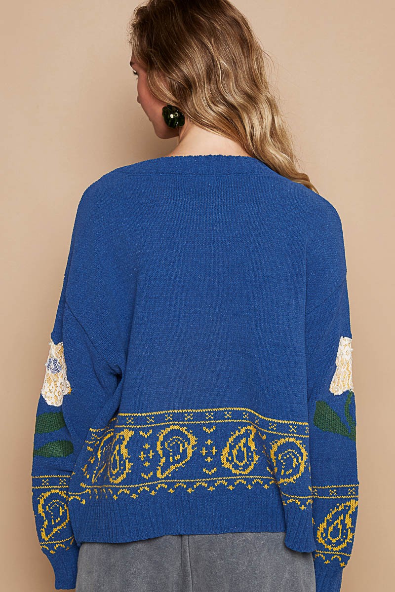 Blue Zone Planet | POL Flower Lace Patch Long Sleeve Sweater-TOPS / DRESSES-[Adult]-[Female]-2022 Online Blue Zone Planet