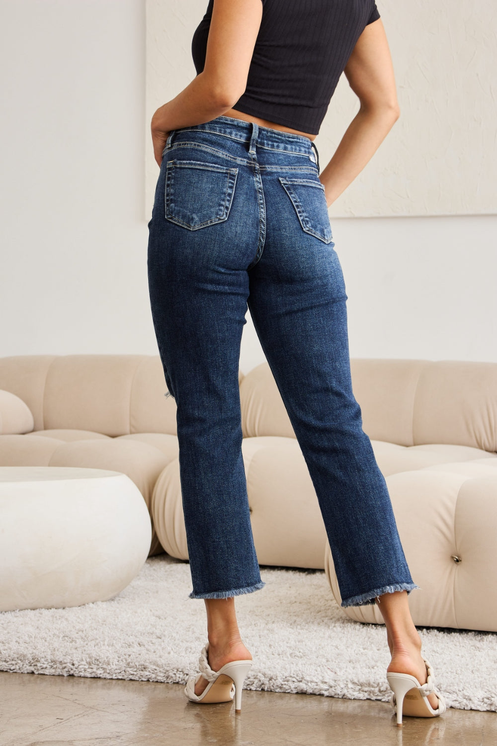 RFM Crop Dylan Full Size Tummy Control Distressed High Waist Raw Hem Jeans-BOTTOM SIZES SMALL MEDIUM LARGE-[Adult]-[Female]-2022 Online Blue Zone Planet