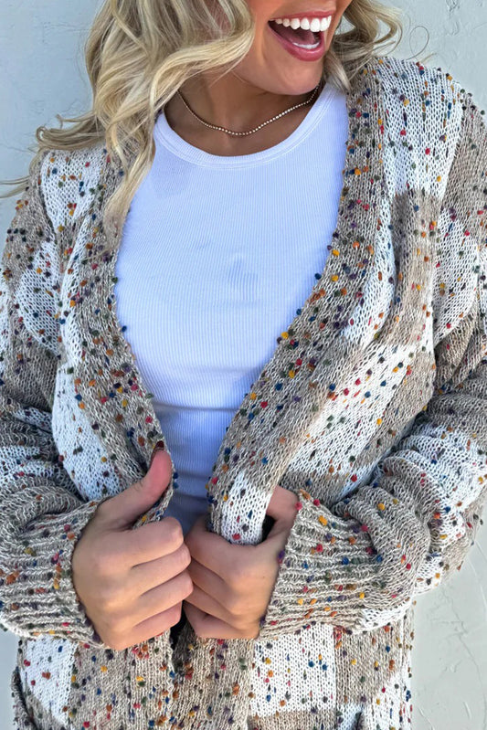 Brown Confetti Dot Checkered Print Open Cardigan with Pockets-Sweaters & Cardigans/Cardigans-[Adult]-[Female]-Brown-S-2022 Online Blue Zone Planet