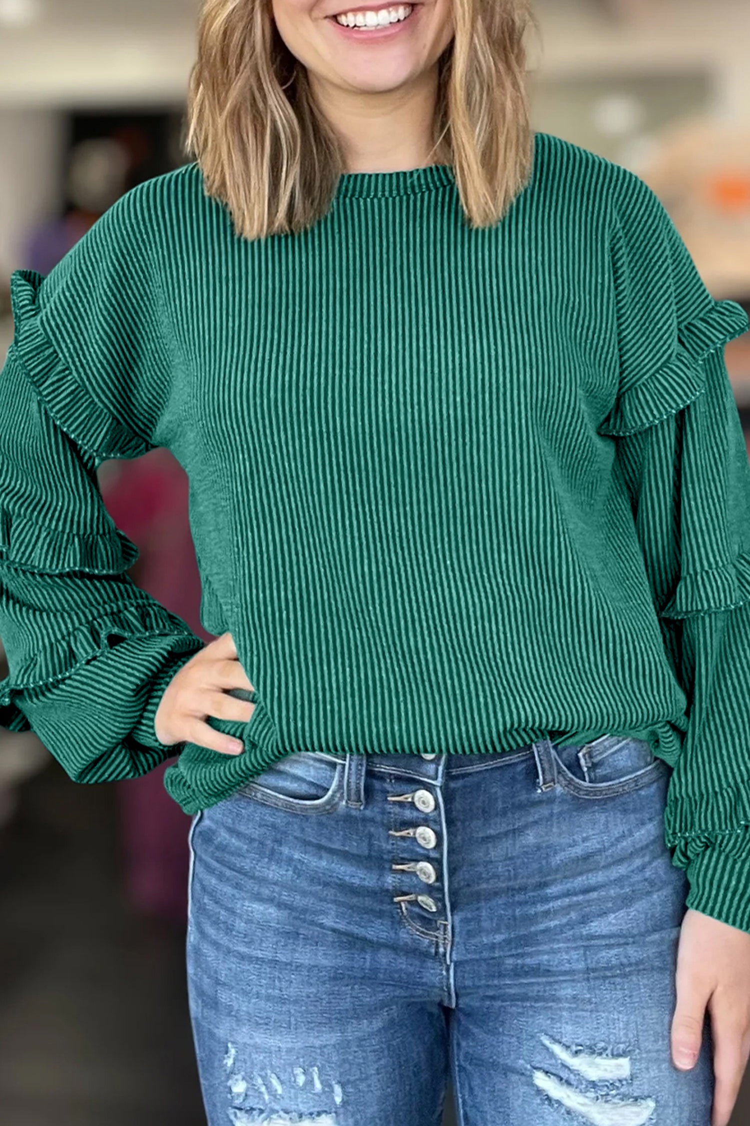 Evergreen Twisted Ribbed Tiered Ruffles Long Sleeve Pullover Top-Tops/Long Sleeve Tops-[Adult]-[Female]-Evergreen-S-2022 Online Blue Zone Planet