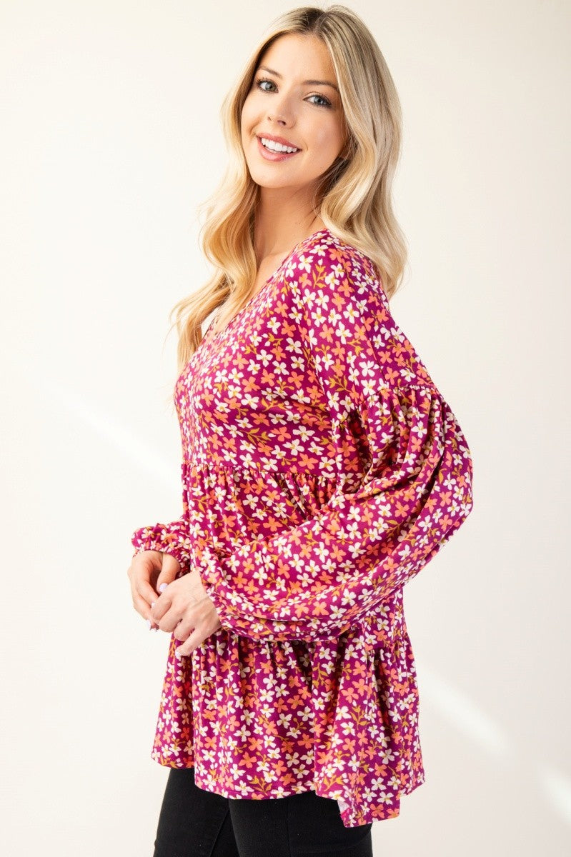 Celeste Full Size Floral V-Neck Balloon Sleeve Blouse-TOPS / DRESSES-[Adult]-[Female]-2022 Online Blue Zone Planet