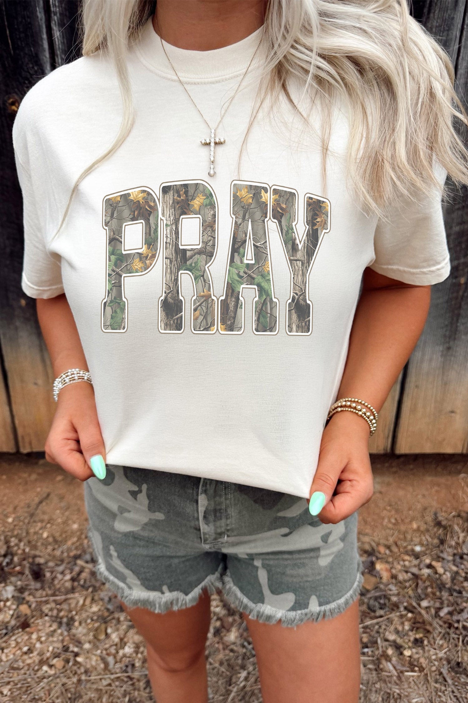 White PRAY Camo Letter Print Casual Round Neck T Shirt-Graphic/Graphic Tees-[Adult]-[Female]-2022 Online Blue Zone Planet