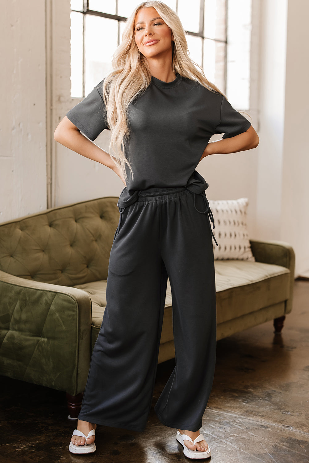 Dark Grey Drawstring Side Crewneck Tee and Loose Pants Set-Two Piece Sets/Pant Sets-[Adult]-[Female]-2022 Online Blue Zone Planet