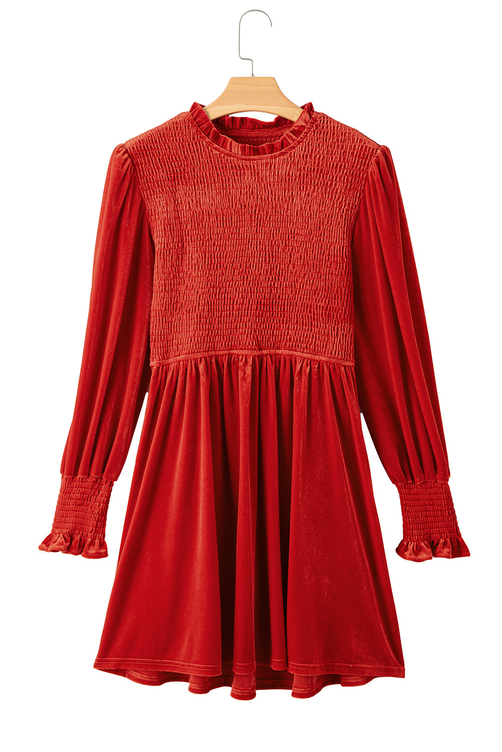 Blue Zone Planet | Red Smocked Lantern Sleeve Frilled Velvet Dress-TOPS / DRESSES-[Adult]-[Female]-2022 Online Blue Zone Planet