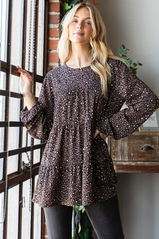 Heimish Leopard Long Sleeve Tiered Blouse-TOPS / DRESSES-[Adult]-[Female]-Mocha-S-2022 Online Blue Zone Planet