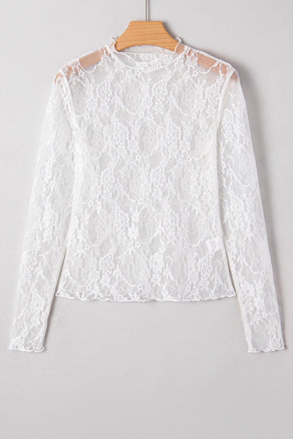White Sheer Lace Mesh Mock Neck Slim Fit Long Sleeve Top