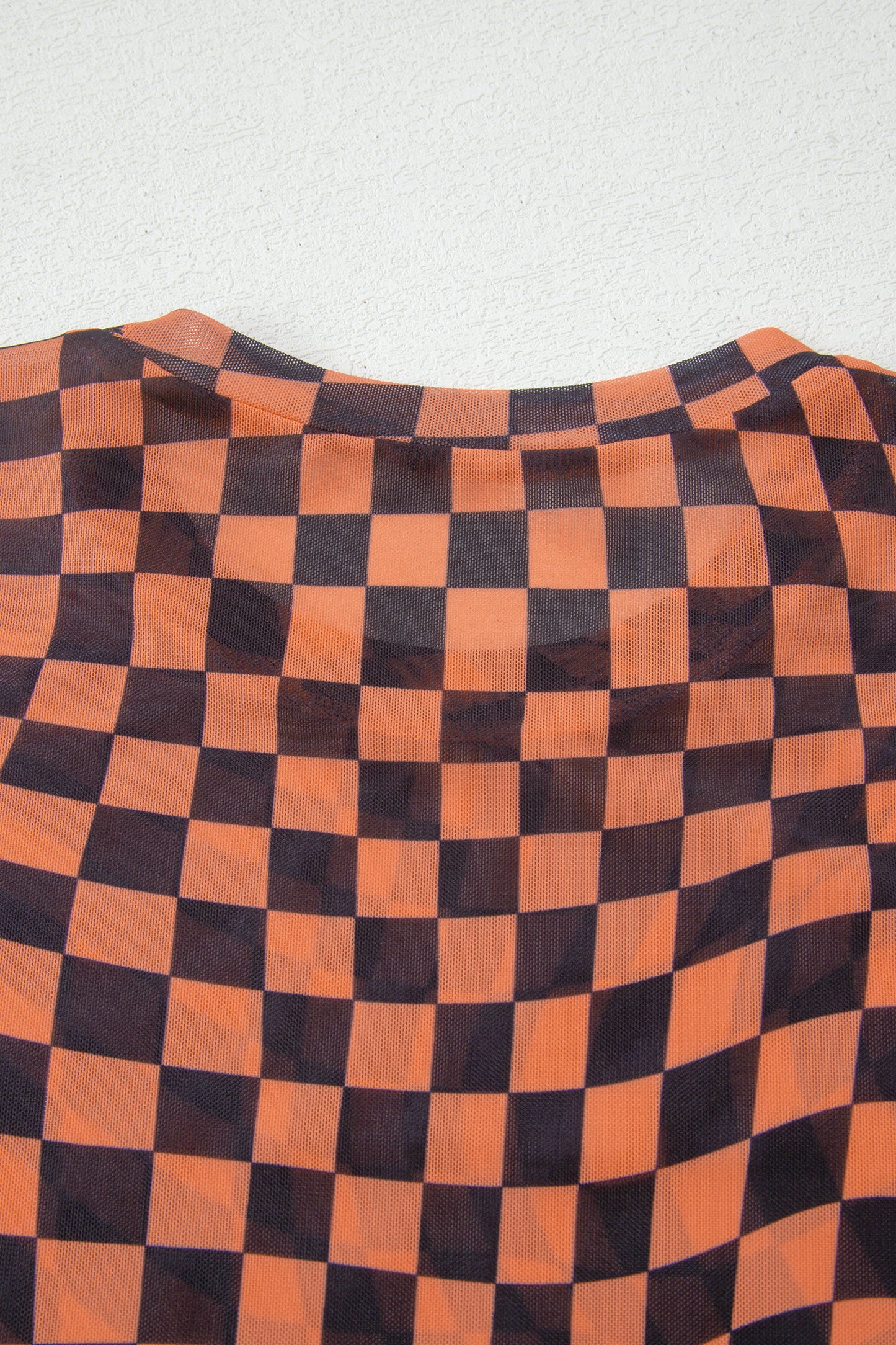 Orange Checkered Print Crew Neck Mesh T Shirt-Tops/Tops & Tees-[Adult]-[Female]-2022 Online Blue Zone Planet