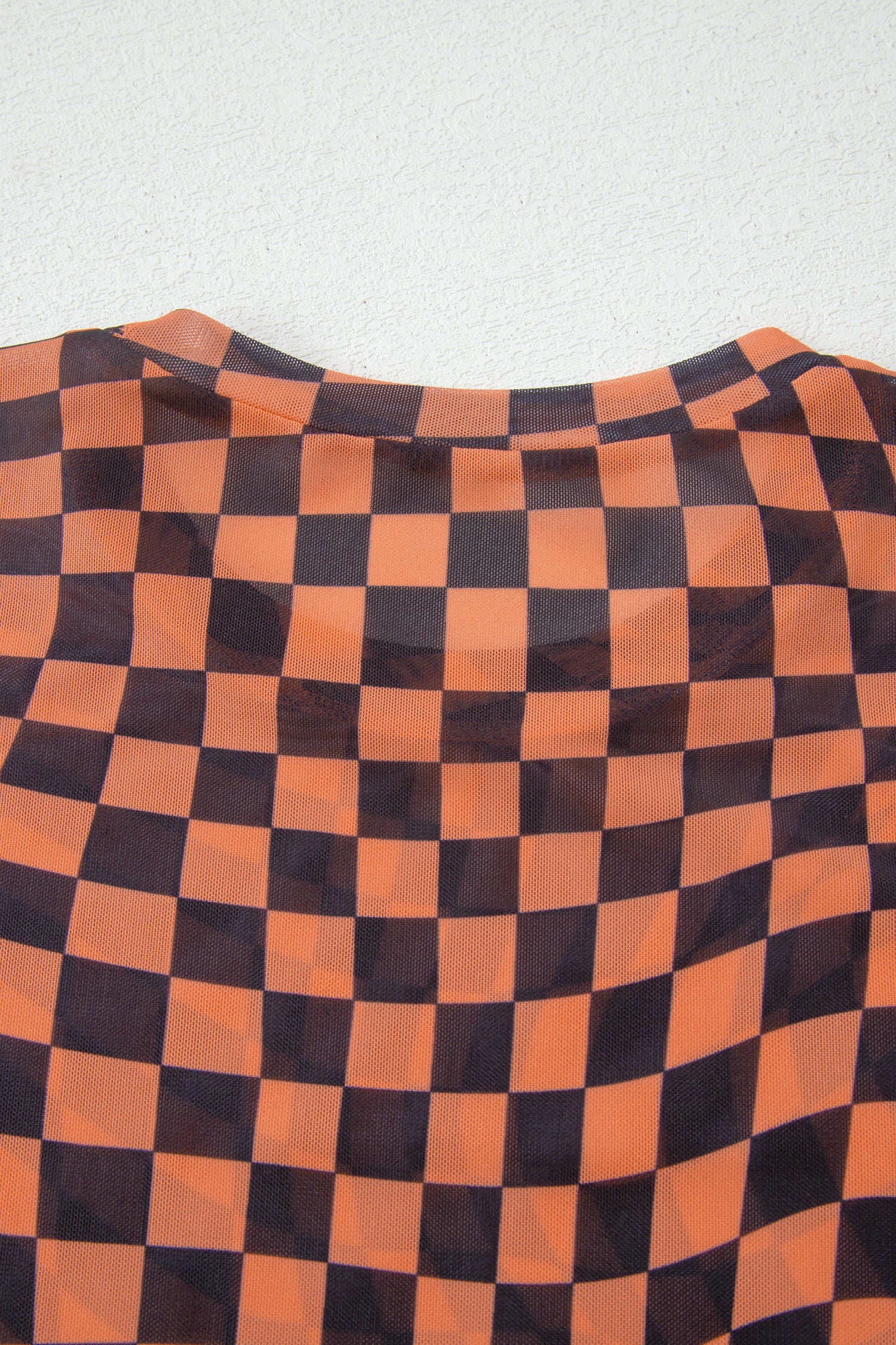 Orange Checkered Print Crew Neck Mesh T Shirt-Tops/Tops & Tees-[Adult]-[Female]-2022 Online Blue Zone Planet
