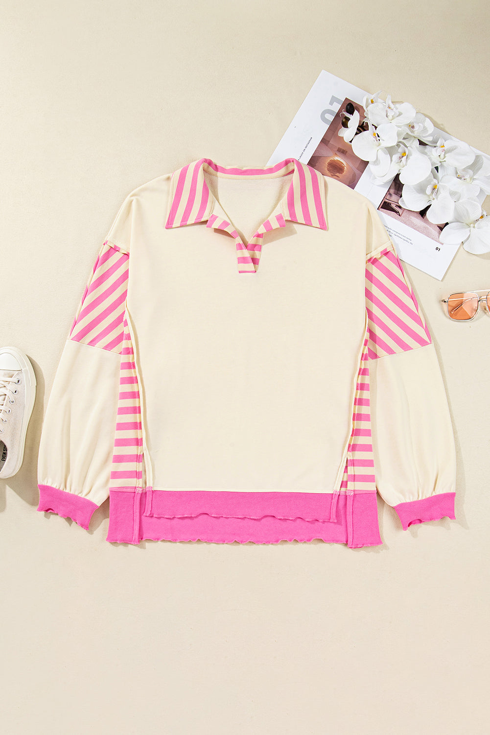 Pink Stripe Contrast Polo Collar Drop Shoulder Patchwork Plus Size Pullover-Plus Size/Plus Size Sweatshirts & Hoodies-[Adult]-[Female]-2022 Online Blue Zone Planet