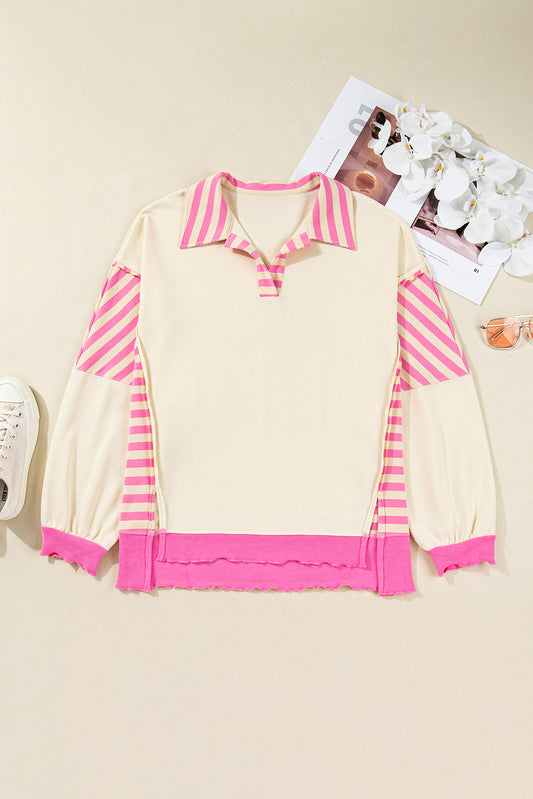 Pink Stripe Contrast Polo Collar Drop Shoulder Patchwork Plus Size Pullover-Plus Size/Plus Size Sweatshirts & Hoodies-[Adult]-[Female]-2022 Online Blue Zone Planet