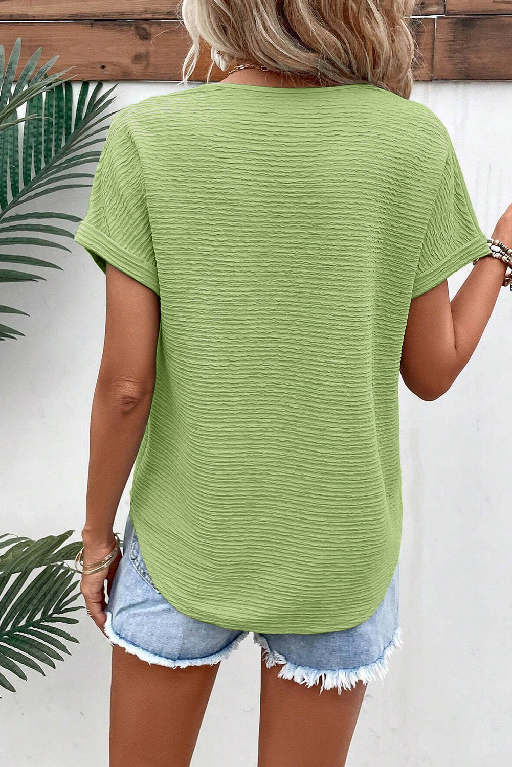 Grass Green Textured Wide Sleeve V Neck T Shirt-Tops/Tops & Tees-[Adult]-[Female]-2022 Online Blue Zone Planet