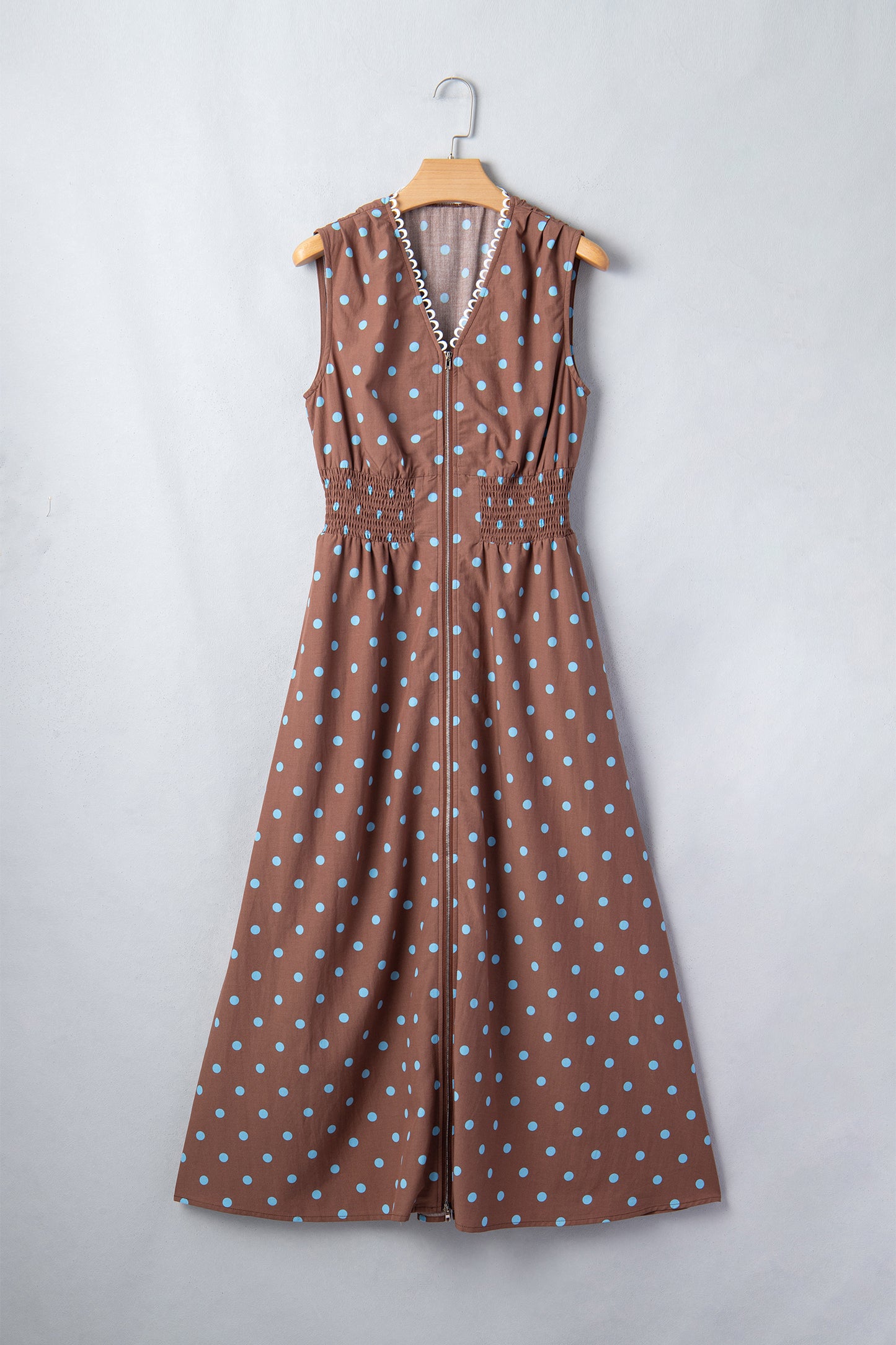 Black Polka Dot Print Contrast Trim V Neck Zip Up Sleeveless Dress-TOPS / DRESSES-[Adult]-[Female]-2022 Online Blue Zone Planet