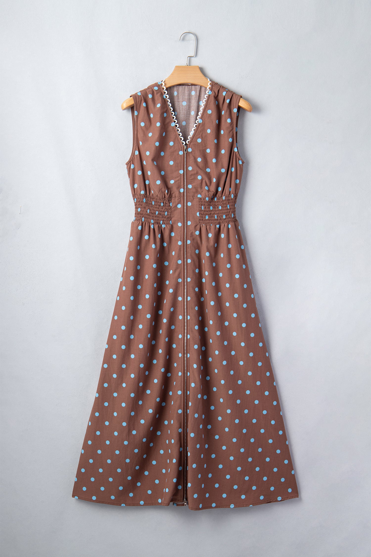Black Polka Dot Print Contrast Trim V Neck Zip Up Sleeveless Dress-TOPS / DRESSES-[Adult]-[Female]-2022 Online Blue Zone Planet