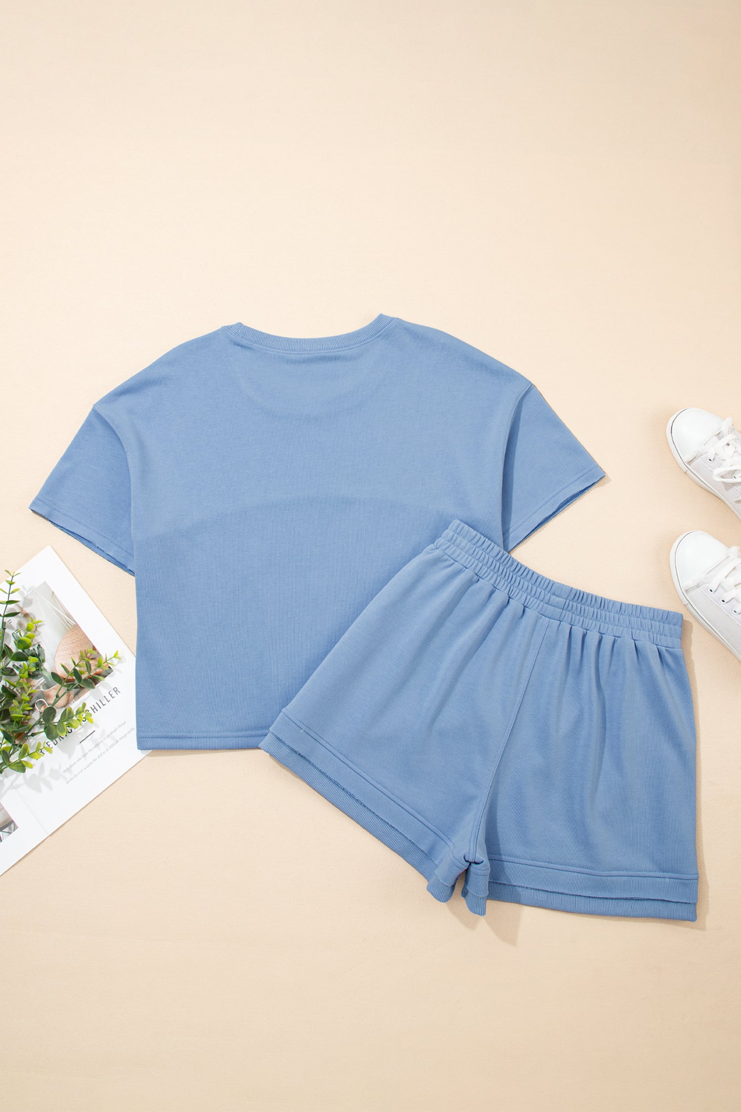 Sky Blue Solid Color Contrast Textured Patchwork Raw Edge 2pcs Short Set-Two Piece Sets/Short Sets-[Adult]-[Female]-2022 Online Blue Zone Planet