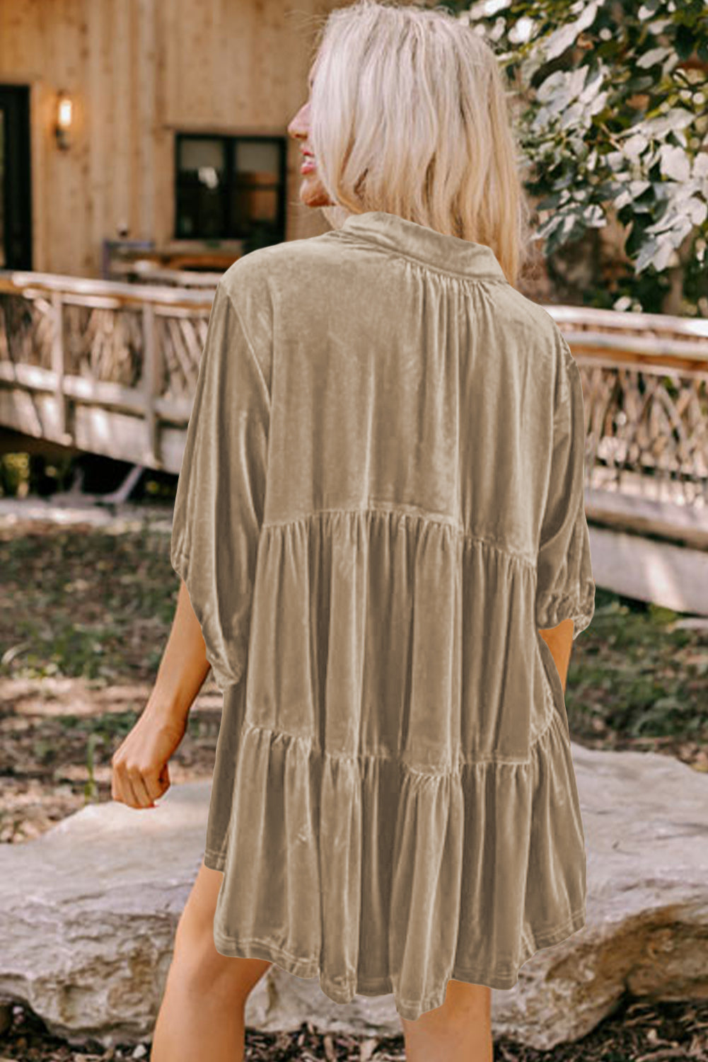 Dark Grey 3/4 Sleeve Tunic Babydoll Velvet Shirt-Tops/Blouses & Shirts-[Adult]-[Female]-2022 Online Blue Zone Planet