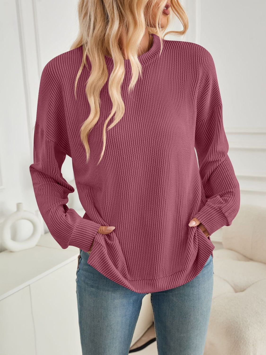 Blue Zone Planet | Lovelet Slit Round Neck Long Sleeve Sweatshirt-TOPS / DRESSES-[Adult]-[Female]-2022 Online Blue Zone Planet