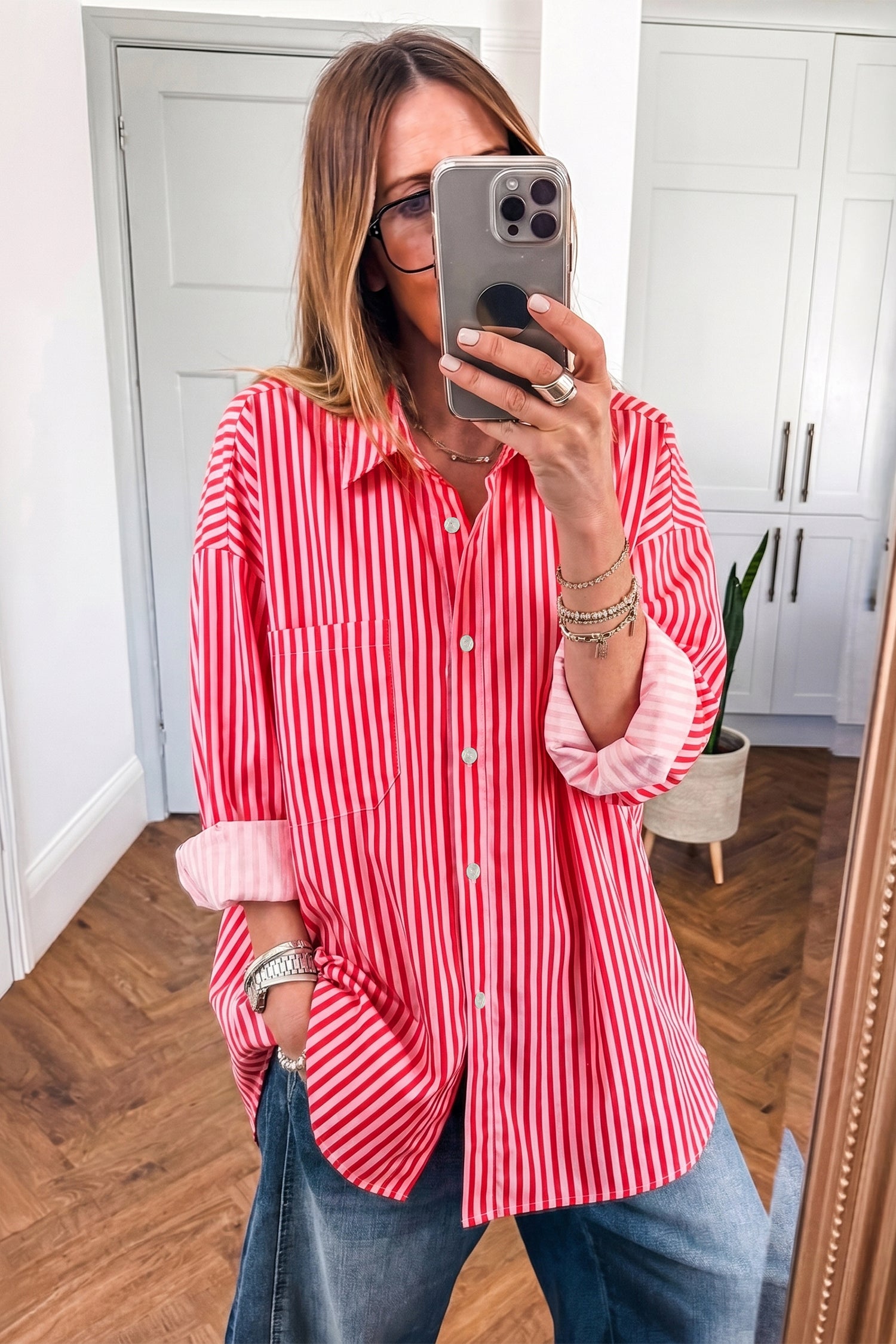 Red Stripe Button-Up Shirt Long Sleeve Patch Pocket Casual Shirt-Tops/Blouses & Shirts-[Adult]-[Female]-2022 Online Blue Zone Planet