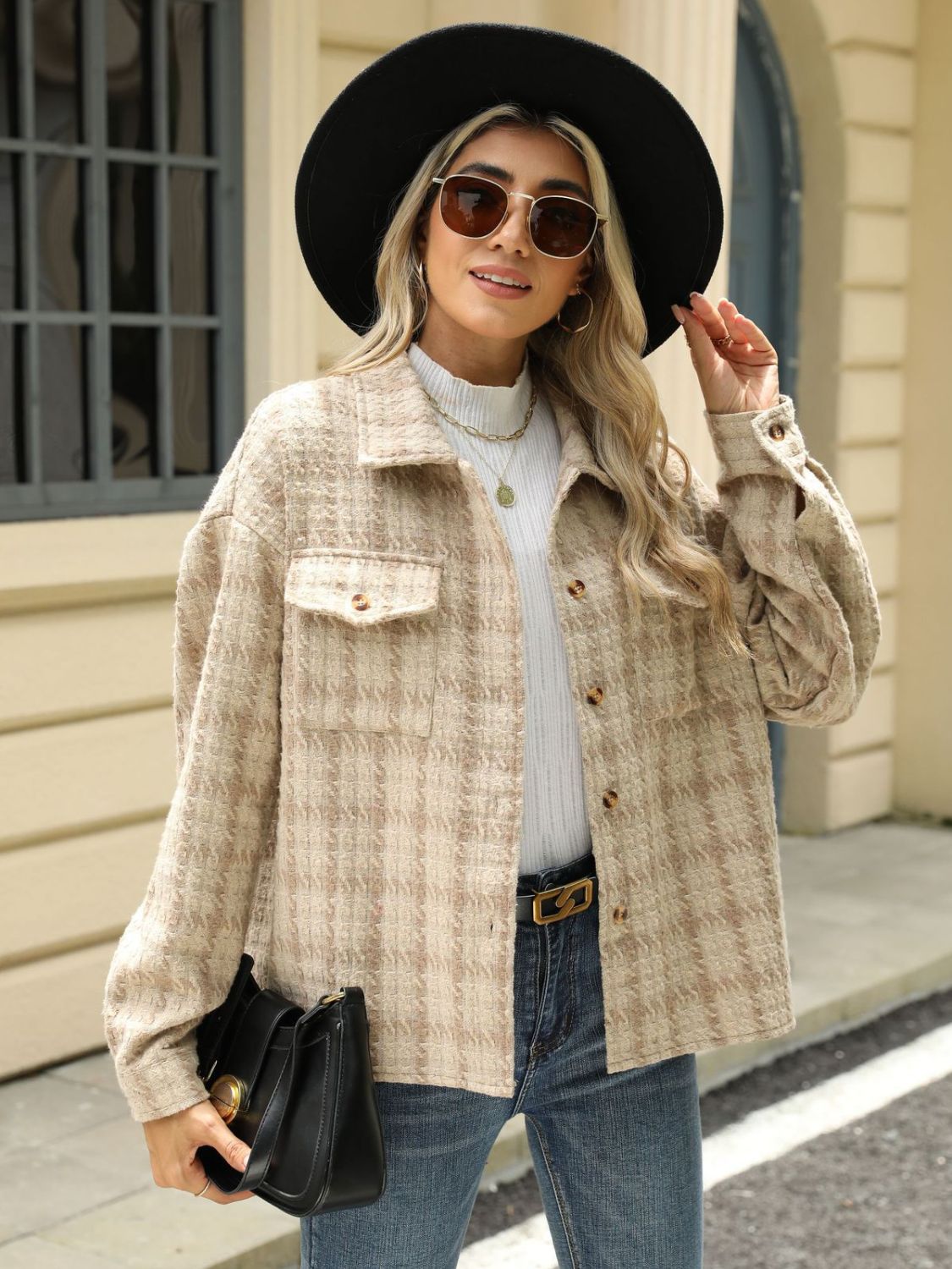 Plaid Collared Neck Long Sleeve Jacket-TOPS / DRESSES-[Adult]-[Female]-Tan-S-2022 Online Blue Zone Planet