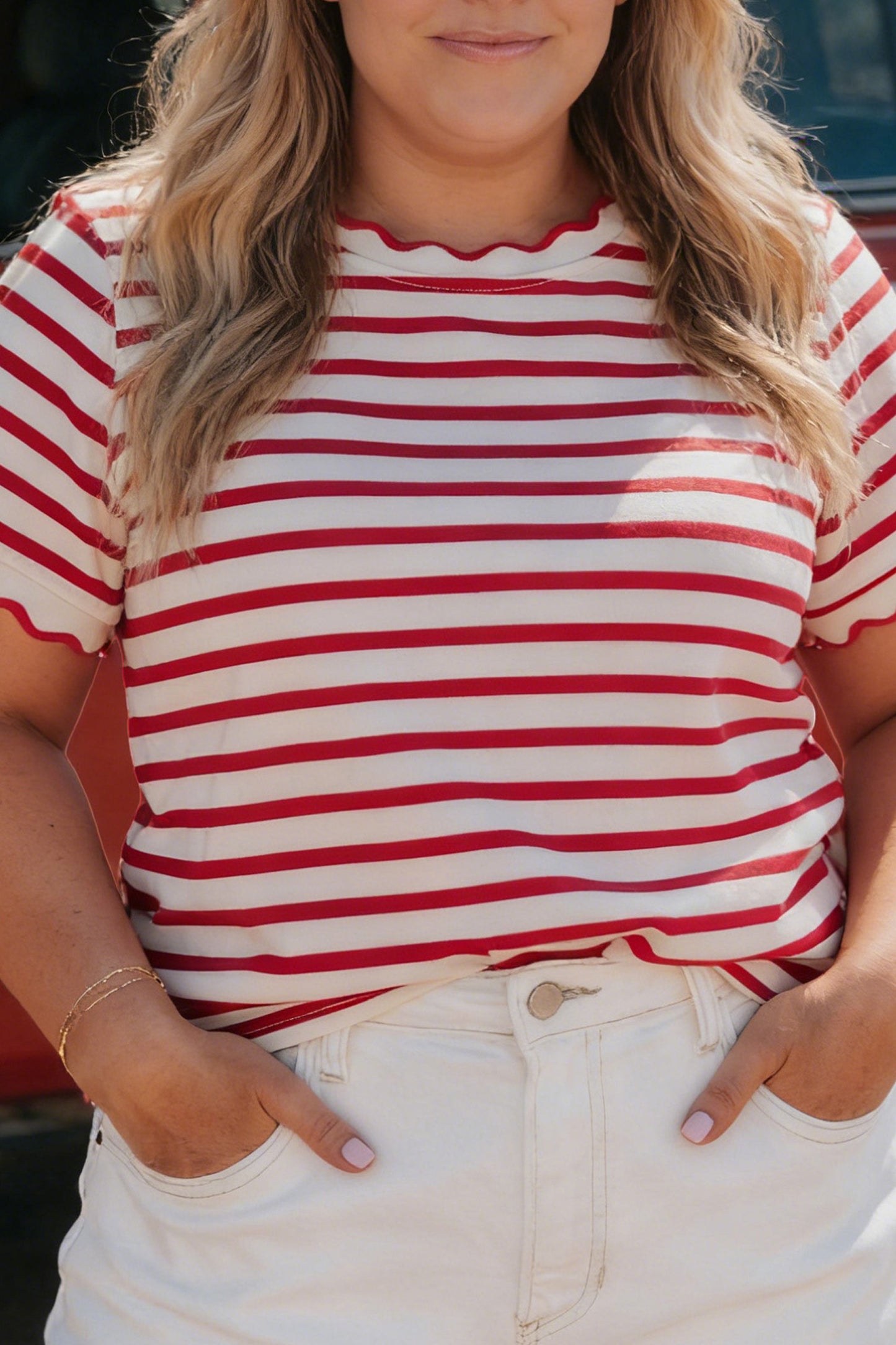 Red Stripe Plus Size Scalloped Trim Round Neck Short Sleeve Top-Plus Size/Plus Size Tops/Plus Size Tops & Tees-[Adult]-[Female]-Red Stripe-1X-2022 Online Blue Zone Planet