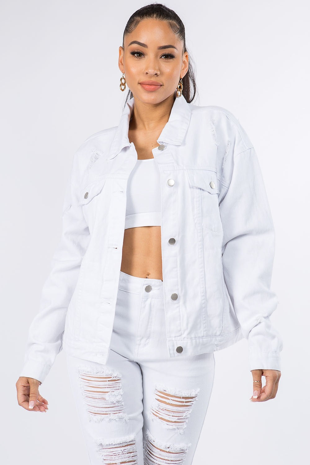 American Bazi Graphic Distressed Long Sleeve Denim Jacket-TOPS / DRESSES-[Adult]-[Female]-White-S-2022 Online Blue Zone Planet