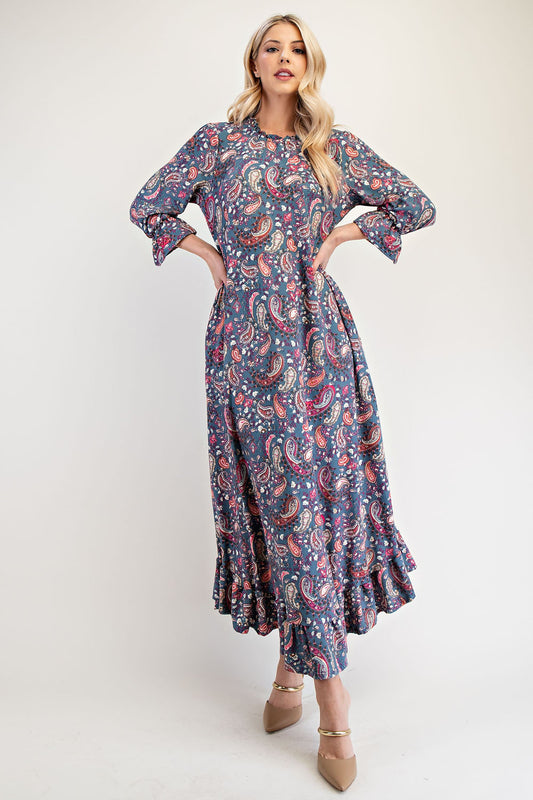 Blue Zone Planet | Celeste Full Size Ruffle Hem Paisley Round Neck Dress-TOPS / DRESSES-[Adult]-[Female]-Navy Paisley-S-2022 Online Blue Zone Planet