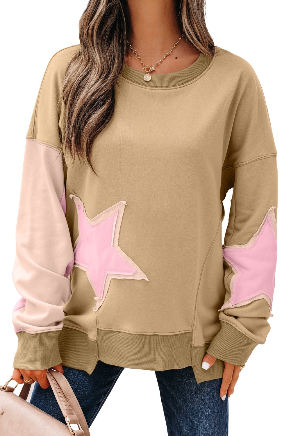 Sage Green Contrast Star Patchwork Exposed Seam Uneven Hem Drop Shoulder Sweatshirt-Tops/Sweatshirts & Hoodies-[Adult]-[Female]-2022 Online Blue Zone Planet
