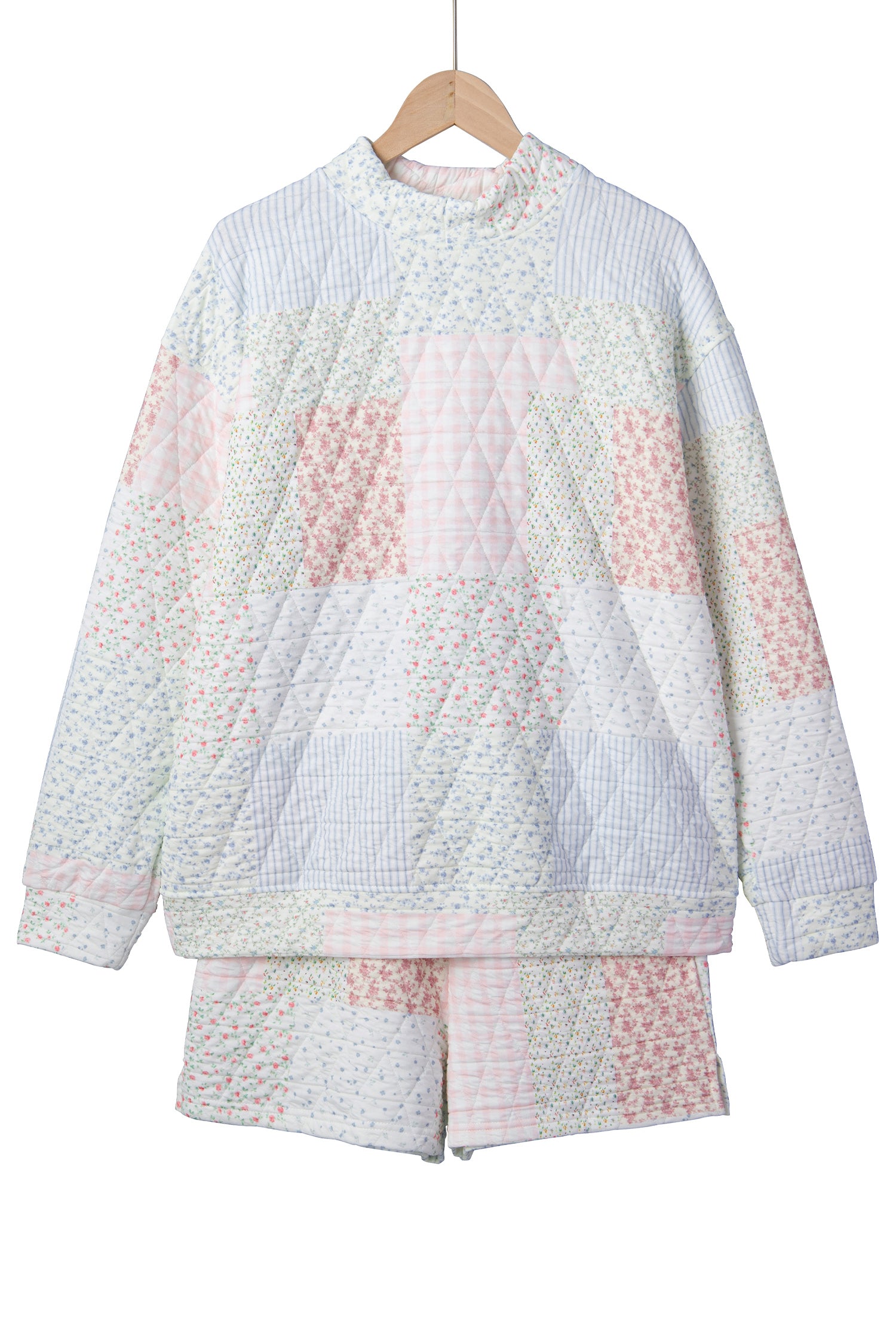 Multicolour Floral Quilted Mock Neck Top and Short Set-Two Piece Sets/Short Sets-[Adult]-[Female]-2022 Online Blue Zone Planet
