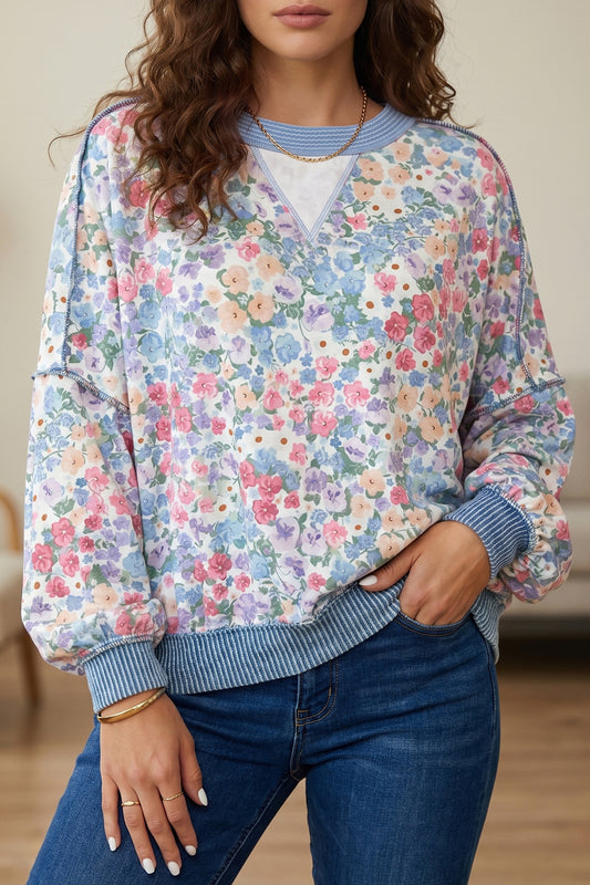 Multicolour Floral Print Round Neck Long Sleeve Top-Tops/Long Sleeve Tops-[Adult]-[Female]-Multicolour-S-2022 Online Blue Zone Planet