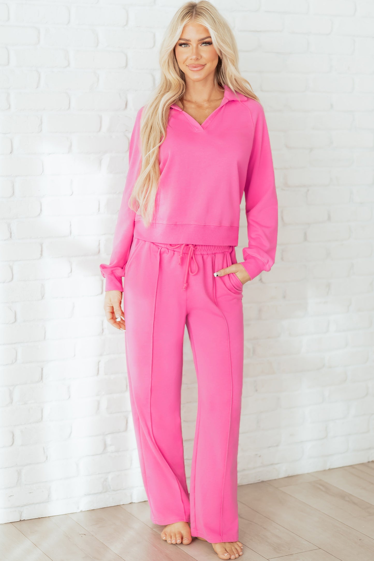 Sachet Pink Solid Color Collared Pullover and Central Seam Pants Set-Two Piece Sets/Pant Sets-[Adult]-[Female]-2022 Online Blue Zone Planet