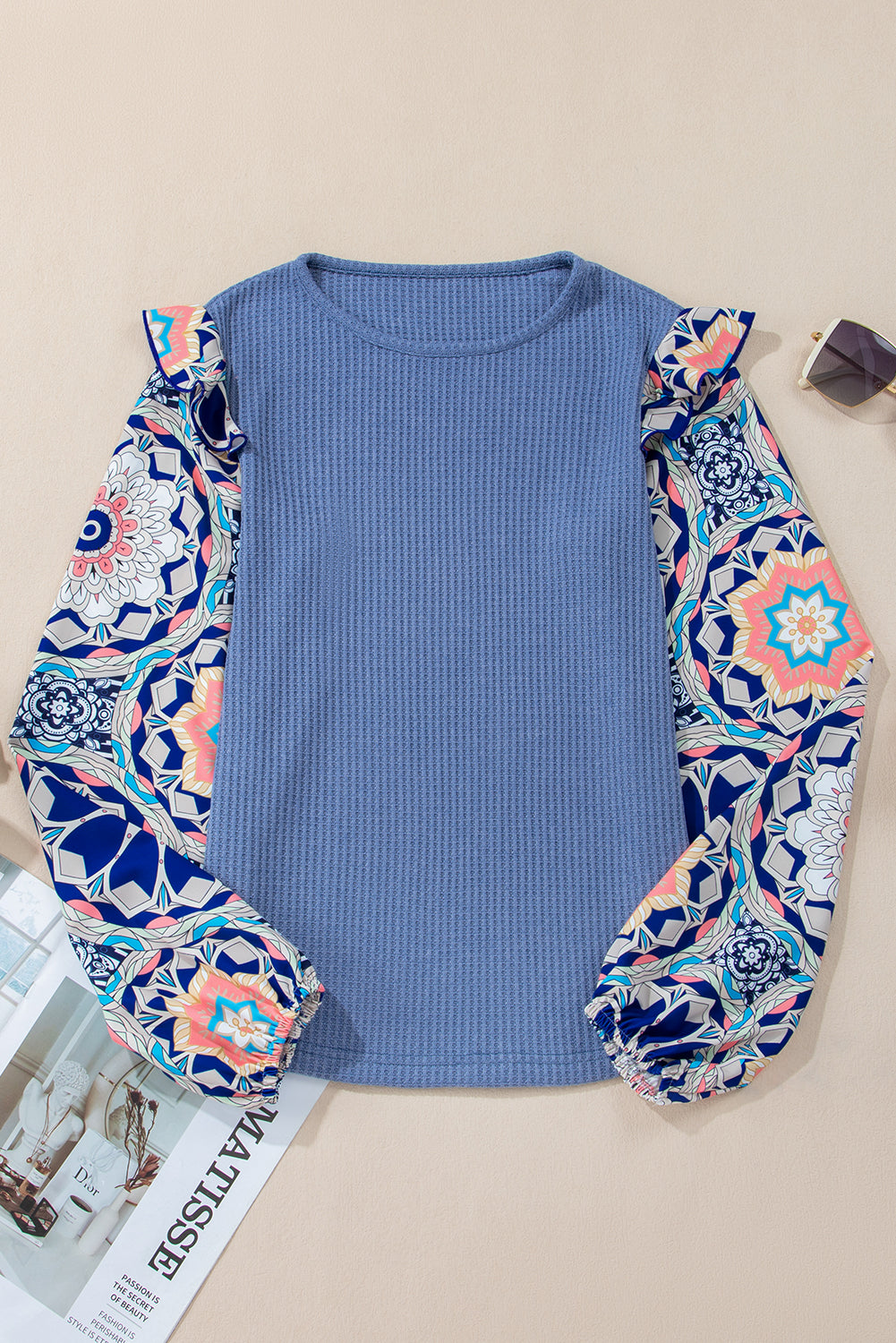 Coffee Ruffled Floral Sleeve Patchwork Waffle Knit O Neck Blouse-Tops/Blouses & Shirts-[Adult]-[Female]-2022 Online Blue Zone Planet