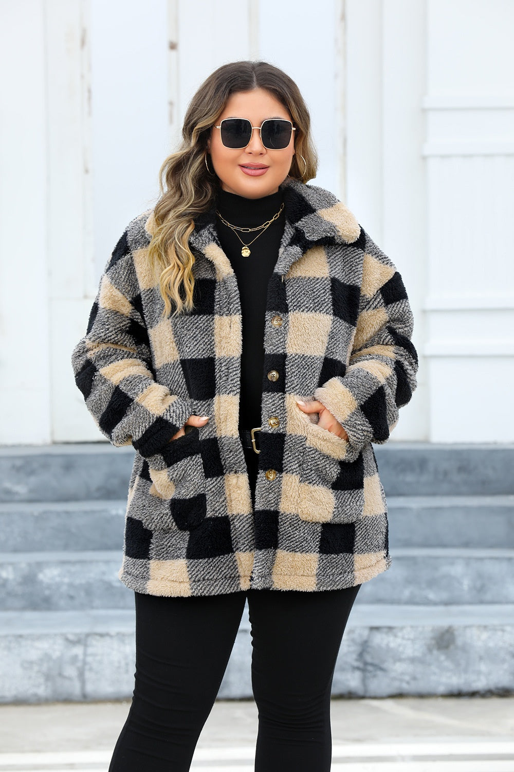 Blue Zone Planet | Plus Size Plaid Button Up Long Sleeve Coat-TOPS / DRESSES-[Adult]-[Female]-2022 Online Blue Zone Planet