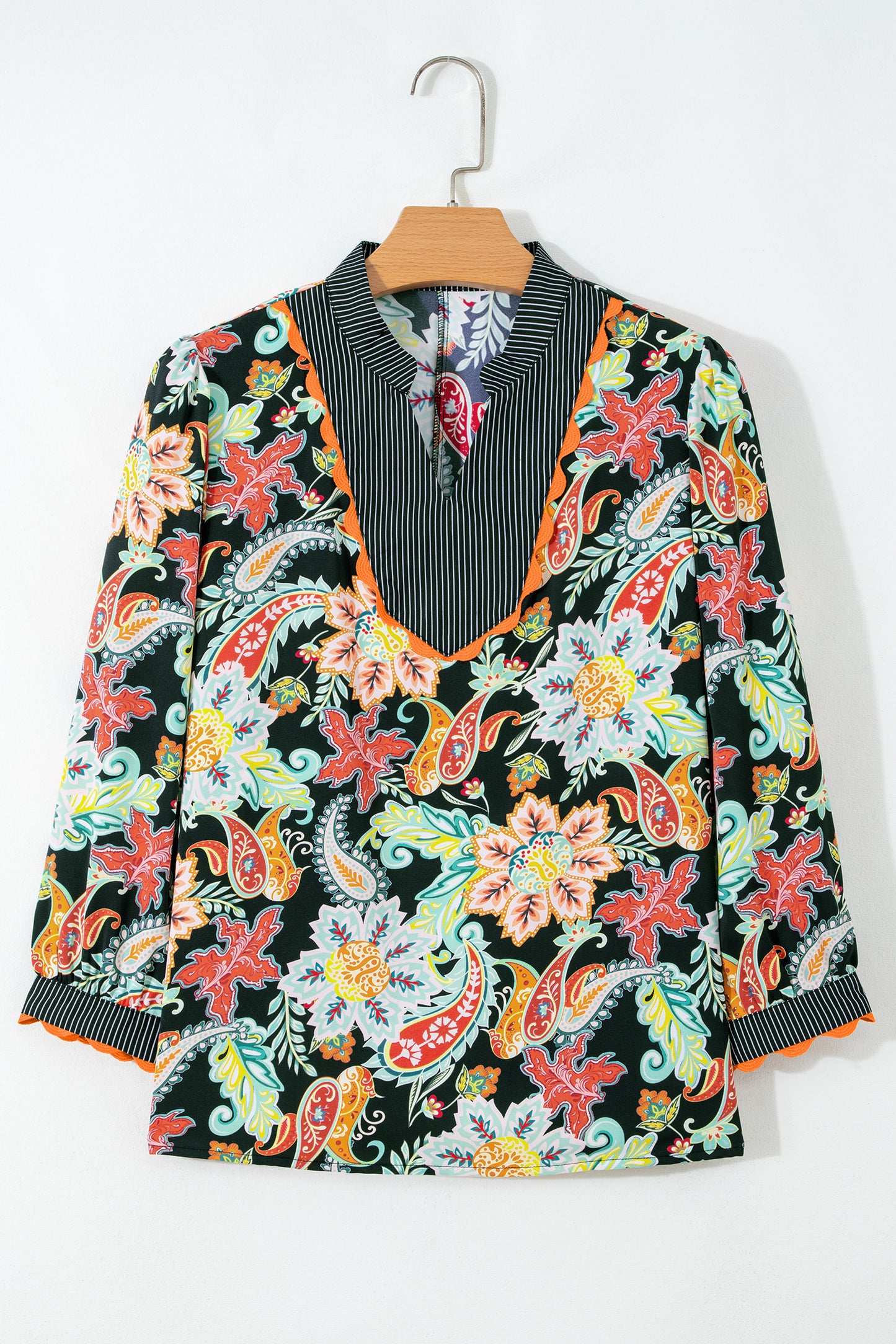Black Contrast Ricrac Trim Striped Edge Patchwork Floral Print Blouse-Tops/Blouses & Shirts-[Adult]-[Female]-2022 Online Blue Zone Planet