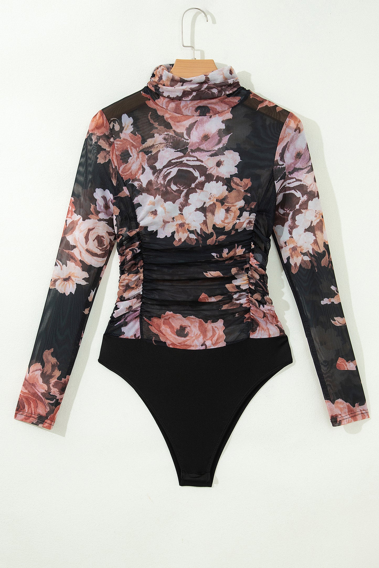 Brown Floral Mesh Long Sleeve High Neck Bodysuit-Tops/Bodysuits-[Adult]-[Female]-2022 Online Blue Zone Planet