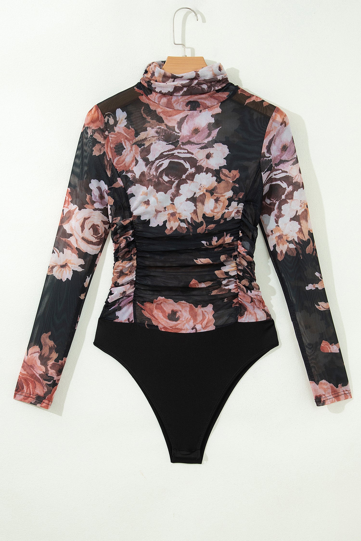 Brown Floral Mesh Long Sleeve High Neck Bodysuit-Tops/Bodysuits-[Adult]-[Female]-2022 Online Blue Zone Planet