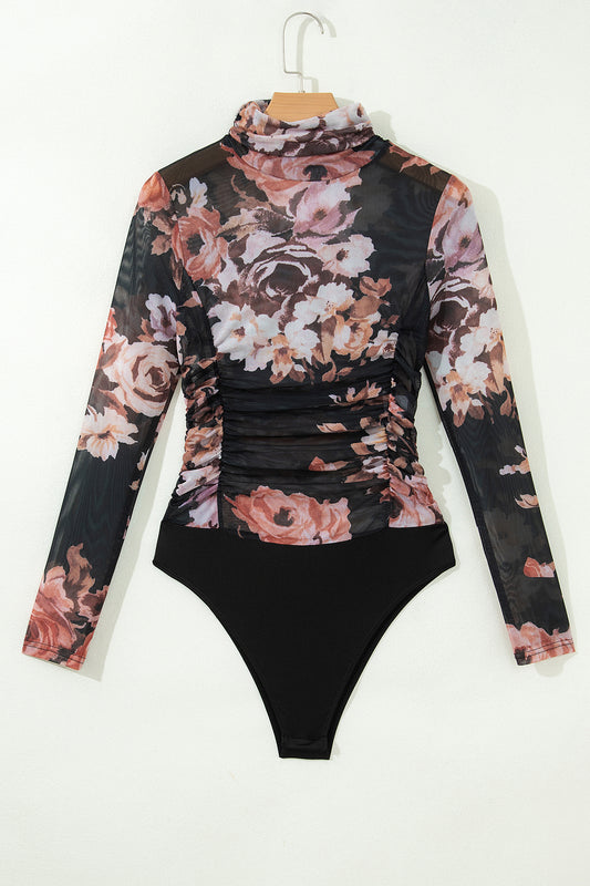 Brown Floral Mesh Long Sleeve High Neck Bodysuit-Tops/Bodysuits-[Adult]-[Female]-2022 Online Blue Zone Planet