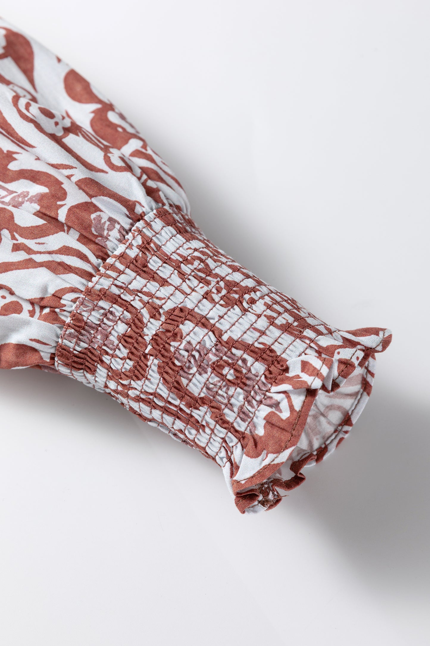 Floral Print Frilled Striped Trim Button Down Smocked Cuffs Long Sleeve Shirt-Tops/Blouses & Shirts-[Adult]-[Female]-2022 Online Blue Zone Planet