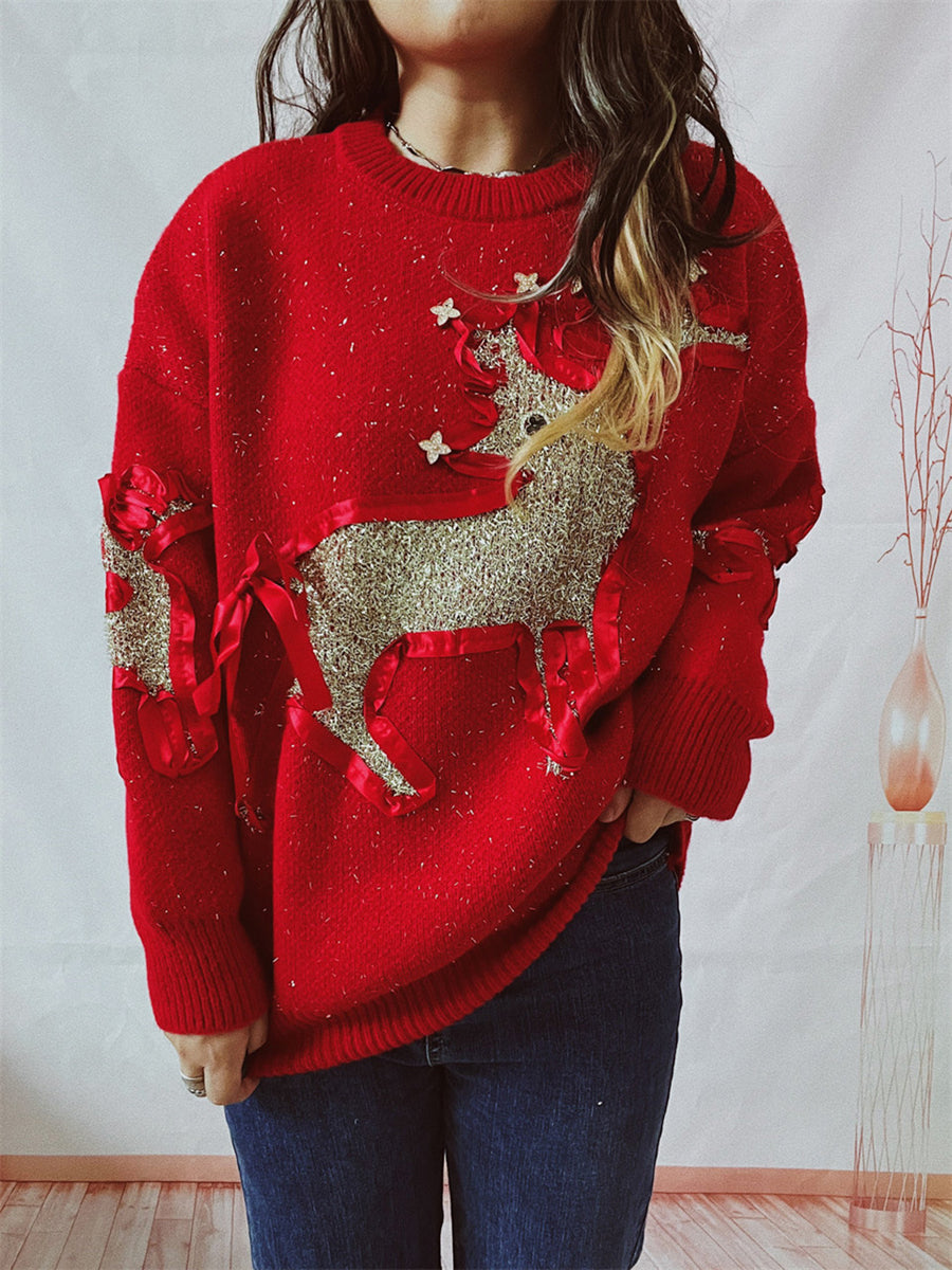 Reindeer Round Neck Long Sleeve Sweater-TOPS / DRESSES-[Adult]-[Female]-Red-S-2022 Online Blue Zone Planet